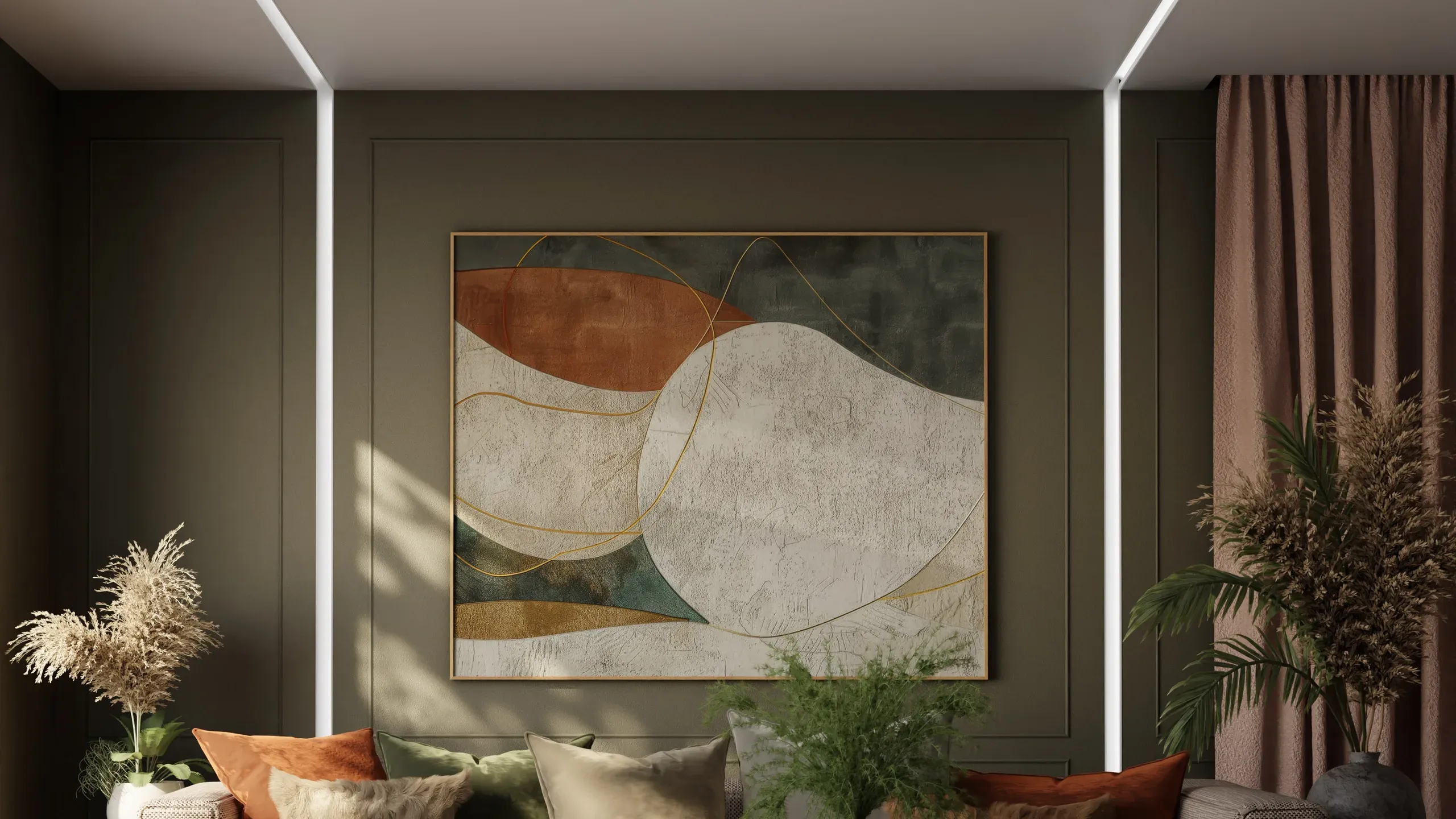 Living de alto padrão com paredes verde-oliva e quadro abstrato, iluminado por perfis lineares brancos embutidos que descem do forro pelas paredes, sofá bege com almofadas terracota e mesa de centro redonda de mármore.